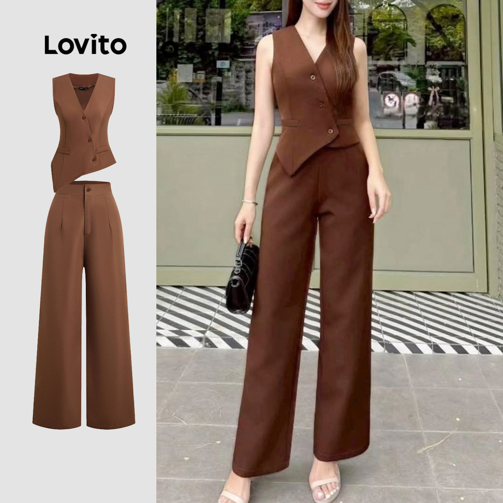 Lovito Elegante Femininas ou Calças de Botão Primavera/verão Calças Marrons Tops ou Calças L158ED727