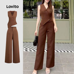 Lovito Elegante Femininas ou Calças de Botão Primavera/verão Calças Marrons Tops ou Calças L158ED727