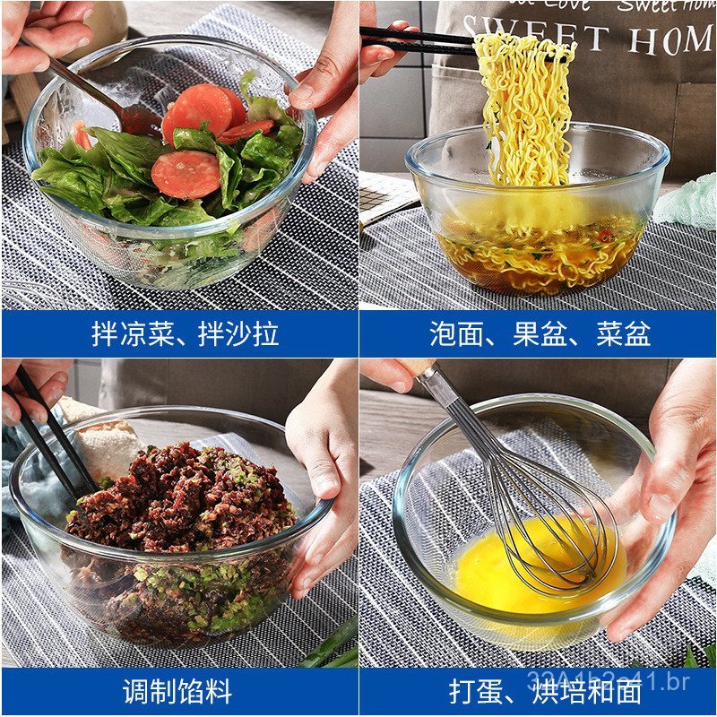 Tigela de vidro transparente e espessa para misturar massa, uso em micro-ondas e forno, saladeira, tigela de vidro para