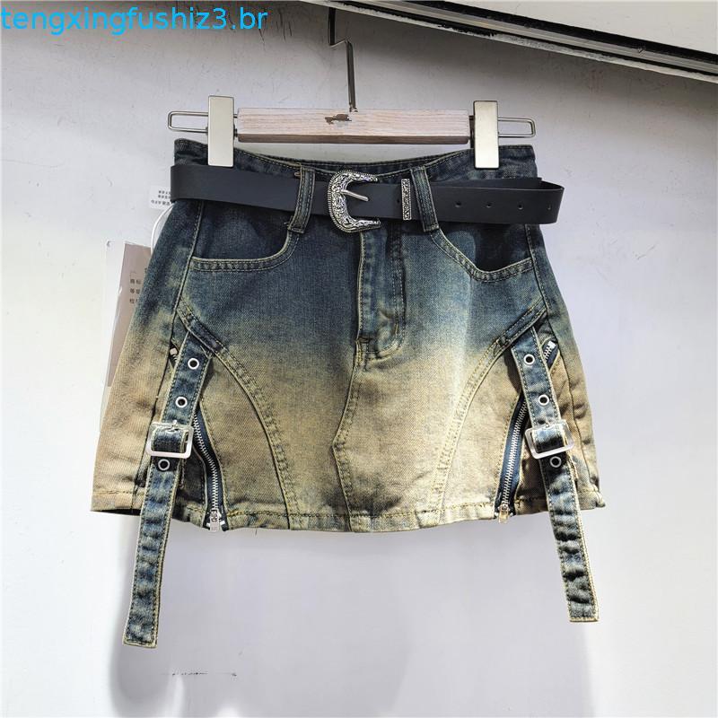 Sensação de design irregular gradiente jeans saia feminina 2023 nova cintura alta saia quadril palavra meia saia curta