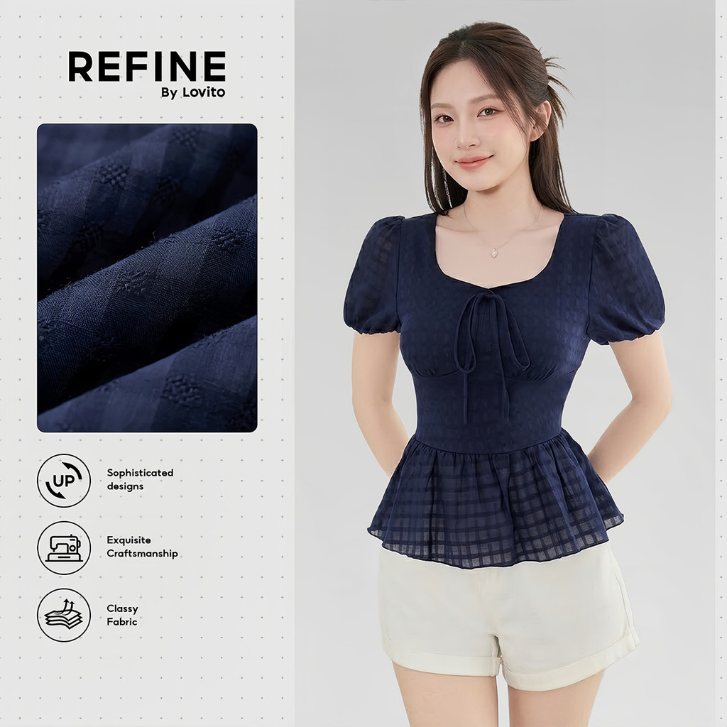 (Refine by Lovito) Casual Blusa de Renda com Laço Azul-marinho Estilo Primavera/Verão Feminina LR18E050