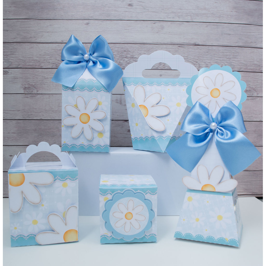Caixinhas personalizadas MARGARIDAS AZUL (pegue e monte) - kit caixas lembrancinha mimo para festa menina flor jardim