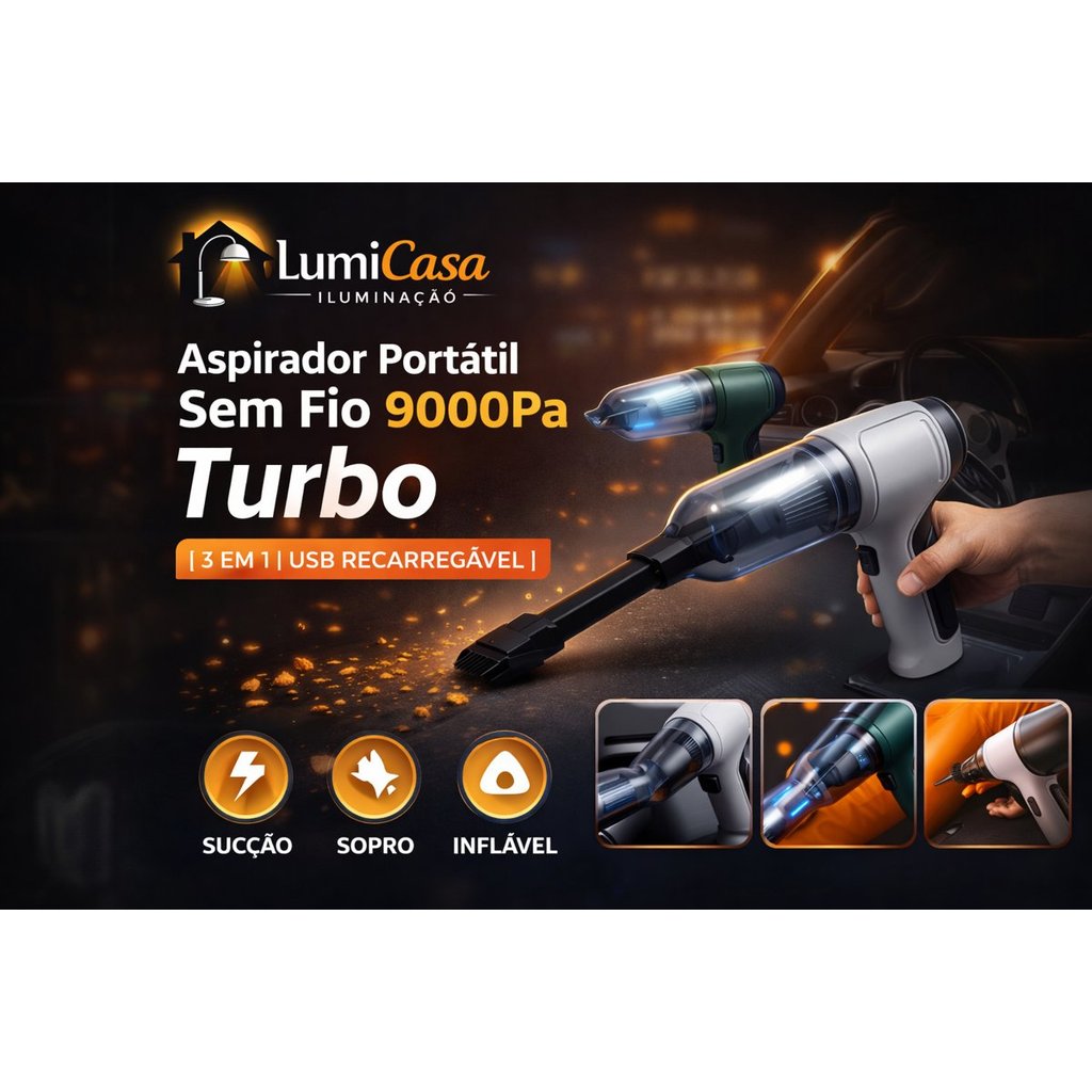 Aspirador Automotivo Portátil Sem Fio 9000Pa | Mini Aspirador USB Recarregável Alta Potência