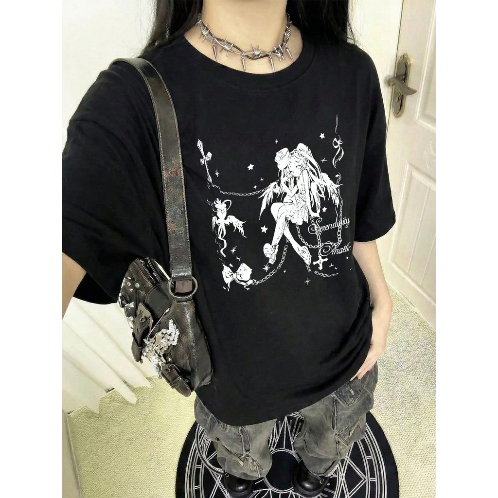 「BR.Moonlight」Camiseta Feminina Gotico Animacao Estampa Y2K Confortavel Moderna Estilosa Moda Casual