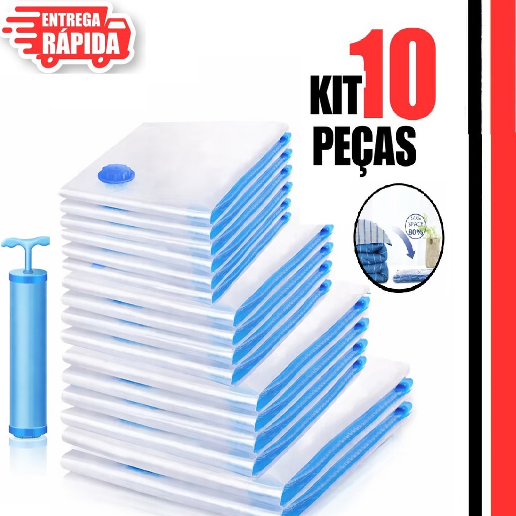 Kit 10 Saco A Vácuo Grande Organizador Edredom Coberto Mala Roupa De Cama + Bomba a Vacuo Tamanho Grande 110x70.