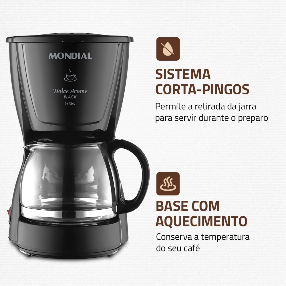 Detalhes do Cafeteira elétrica 550 W jarra de vidro 18 xícaras Dolce Arome - C-30-18X-FB - Mondial