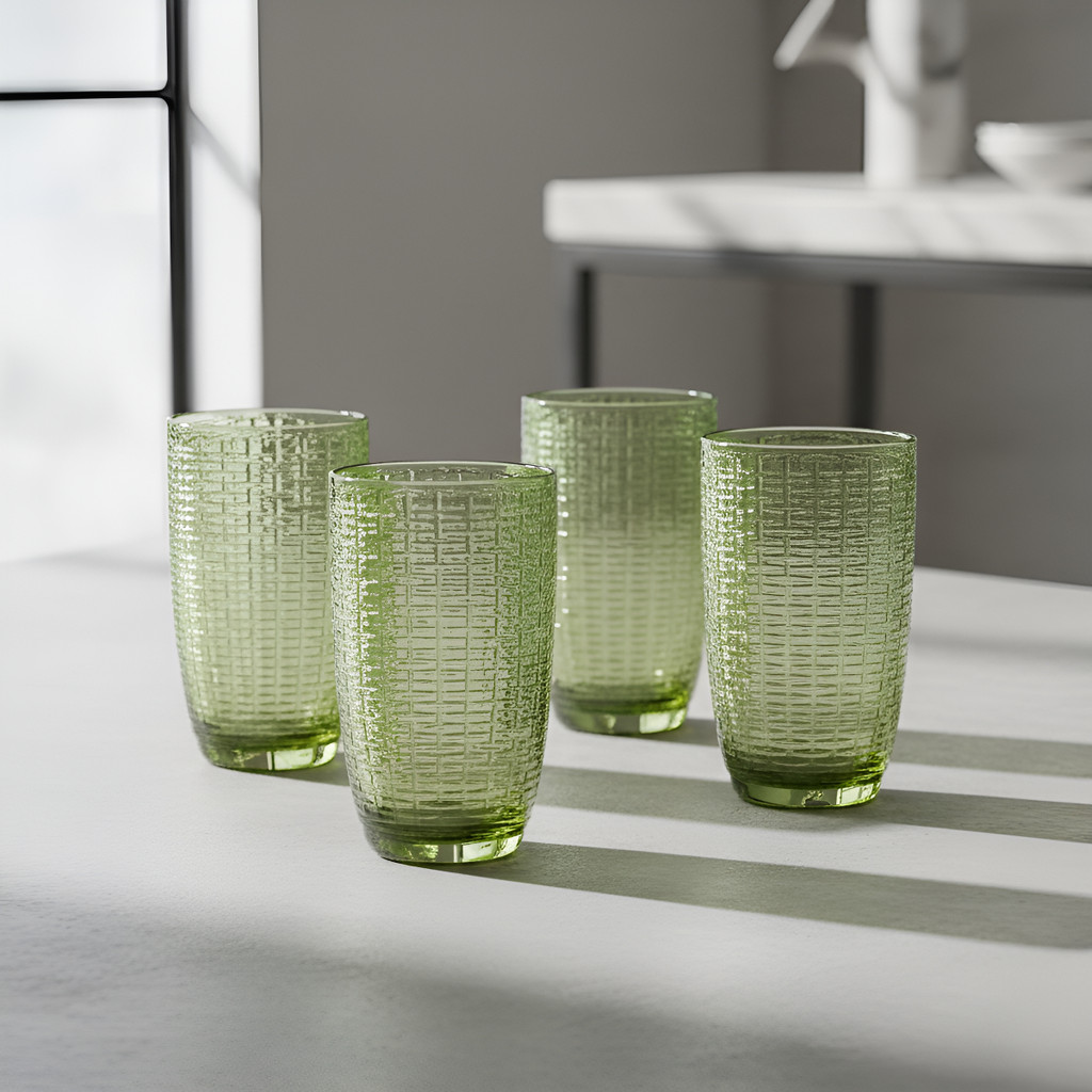 Conjunto 4 Copo Vidro Rattan Ambar Verde 455ml Mesa Servir