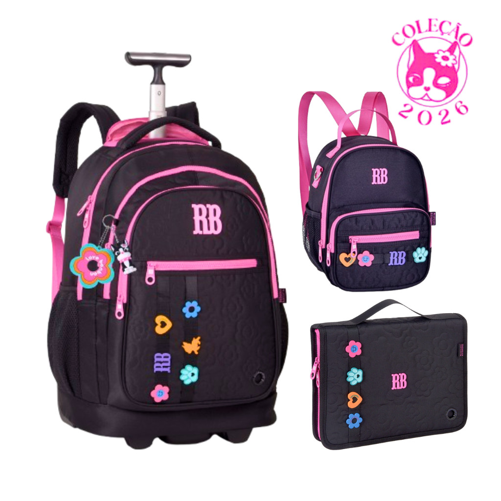 Kit Mochila de Rodinhas Com lancheira e Estojo 96 Pens Rebecca Bonbon Flower Power