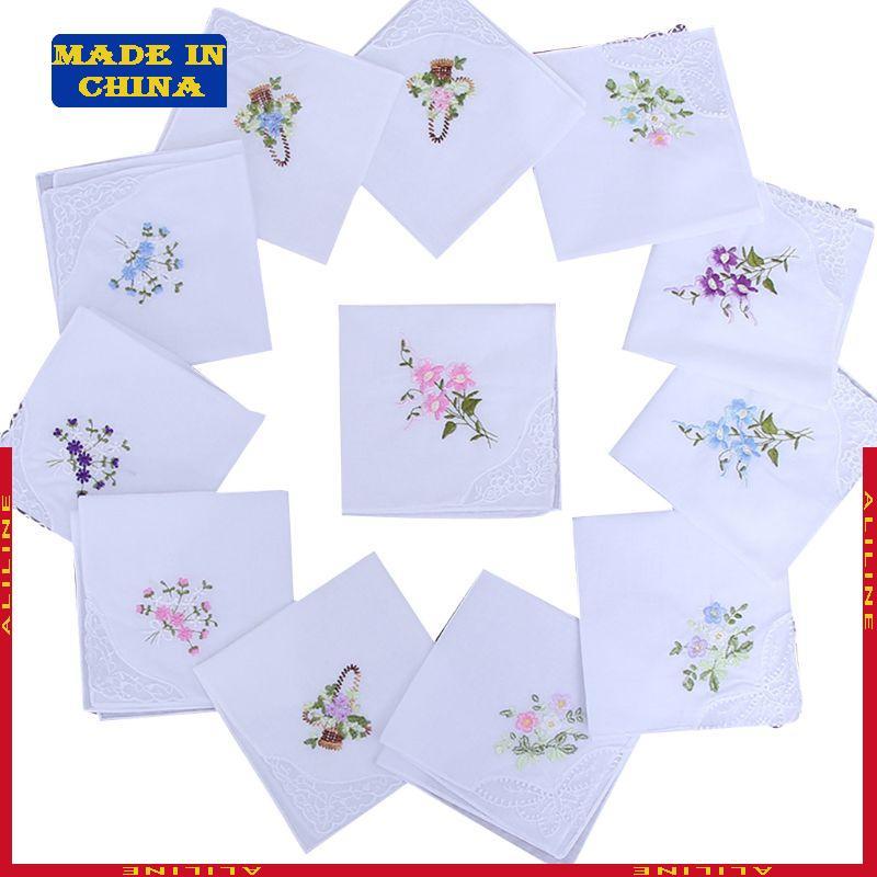 Conjunto 5 Peças Lenços Quadrados Femininos 11 X 11 Polegadas Bordados Florais Canto Rend