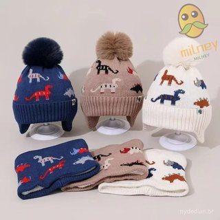 MILLNEY Conjunto De 2 Peças De Gorro Para Bebê , Cachecol Engrossado De Dinossauro De Desenho Animado , Chapéu De Malha