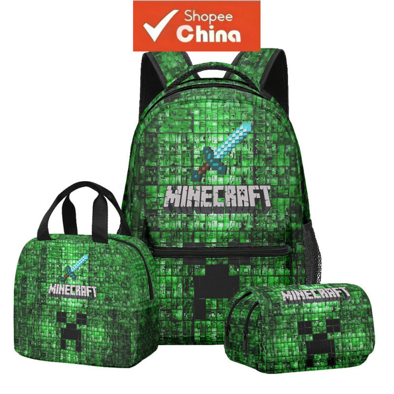 Kit de mochila escolar infantil Minecraft para meninos e meninas, bolsa para laptop, bolsa térmica para almoço, estojo d