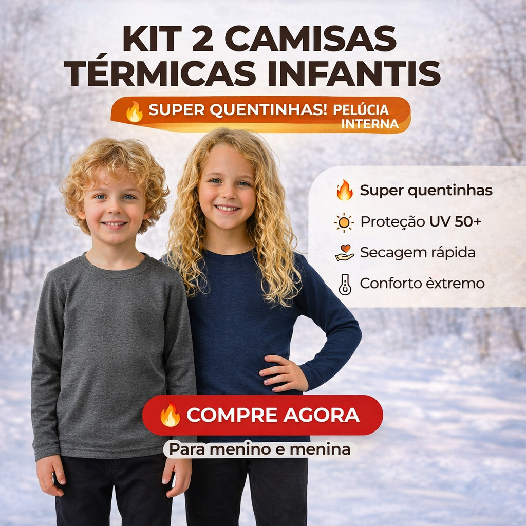 Kit 2 Camisa Térmica Peluciada Infantil e Juvenil Proteção Solar UV+50 Masculino e Feminina