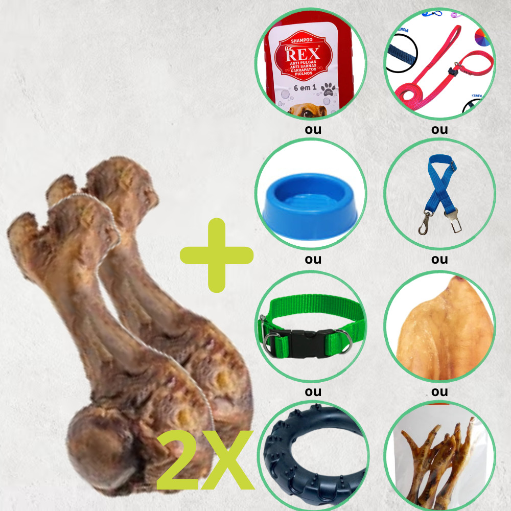 Kit Osso Petisco Pet Fêmur Desidratado 100% Natural Defumado Para Cães Coleira e Guia Unificada