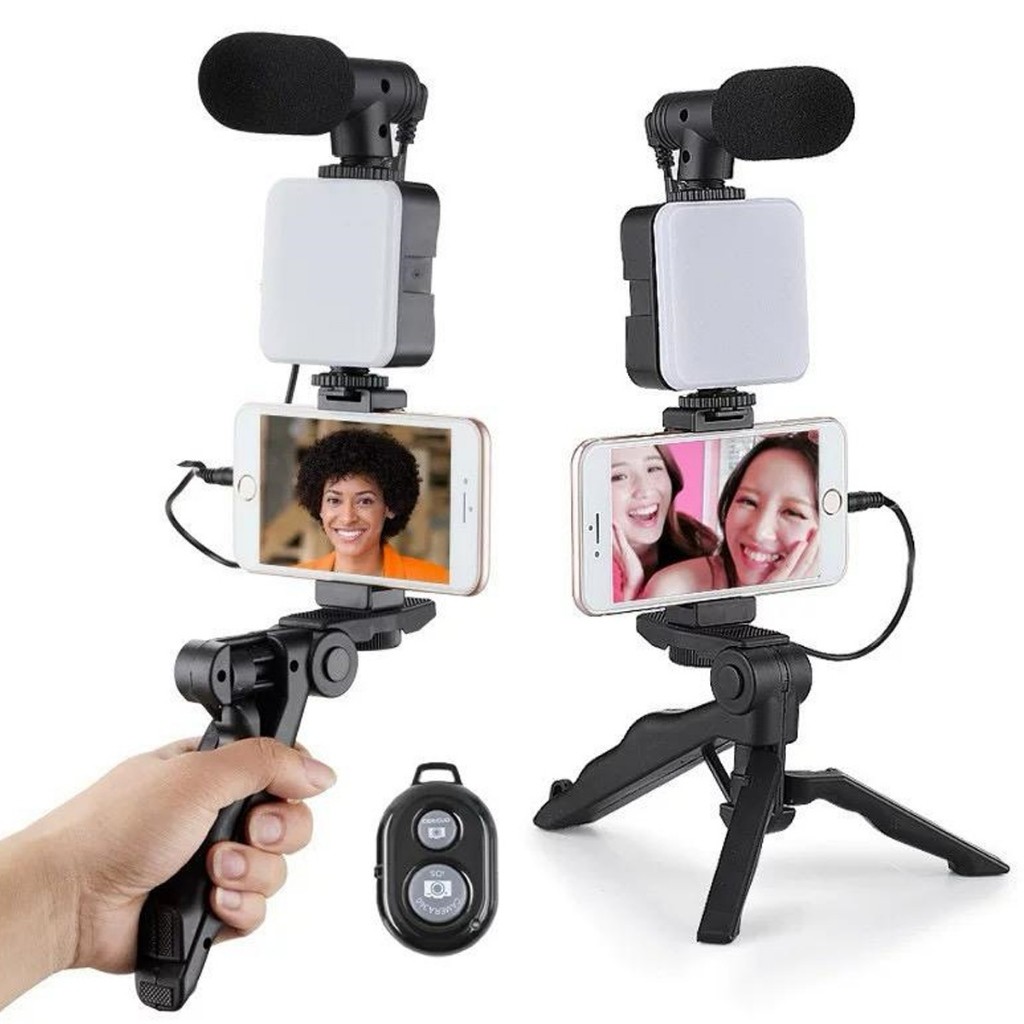 Kit Youtuber Completo Tripé de Mesa com Led e Microfone para Lives e Vlogs