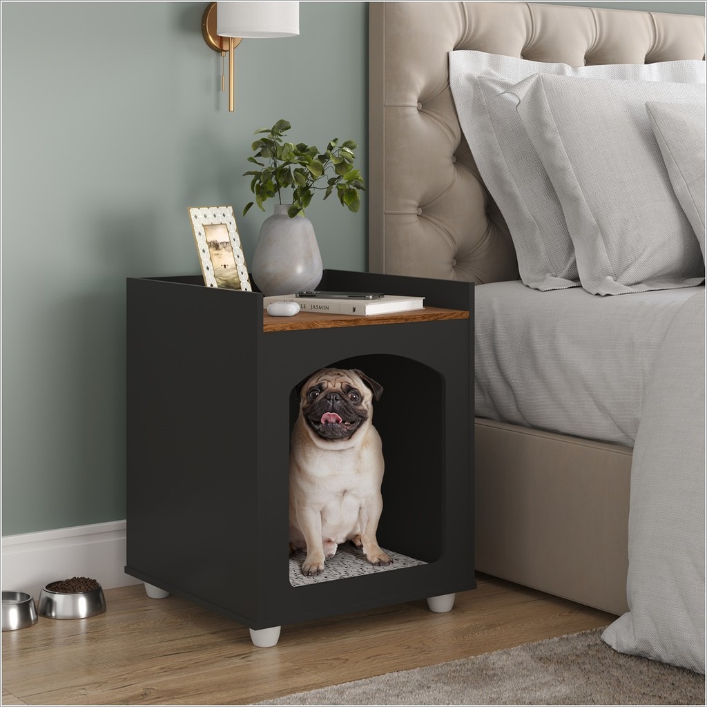 Mesa de Cabeceira Casinha de Cachorro/Gato PET Preto/Freijó Ofertamo