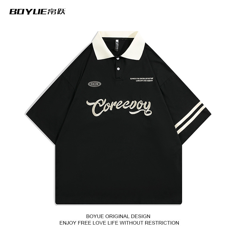 BOYUE BOYUE Verão Tamanho Grande Solto Bordado de Manga Curta POLO Masculino Street Wear Versão Coreana Estudante Top Me