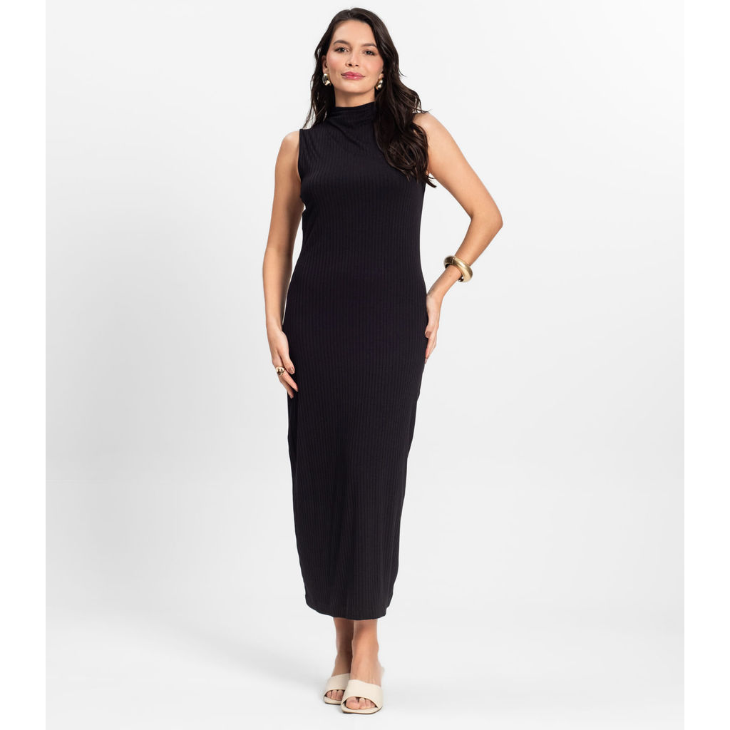 Vestido Midi Ribana Canelada Rovitex Preto em Oferta na Shopee