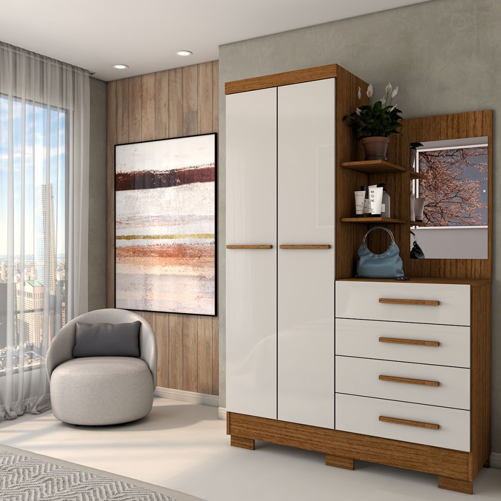 Guarda-Roupa Solteiro Verona 2 Portas 4 Gavetas com Espelho 100% Mdf - Panorama Móveis