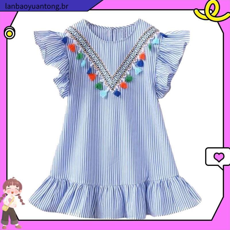 Vestido Infantil Azul Claro Listrado Invertido Manga Com Babado Festas Aniversário Luxo