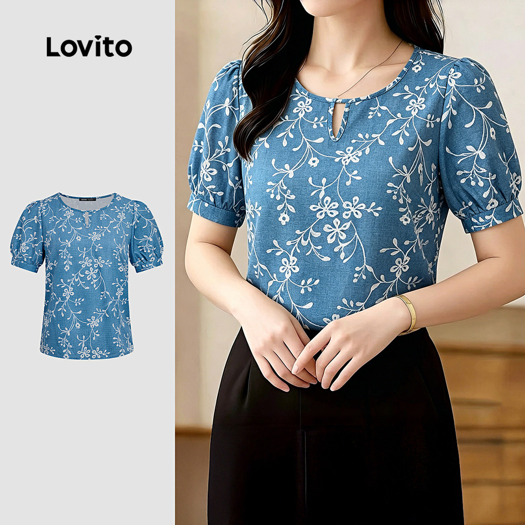Lovito Blusa Boho Plissada Azul Primavera/verão para Mulheres L189ED073