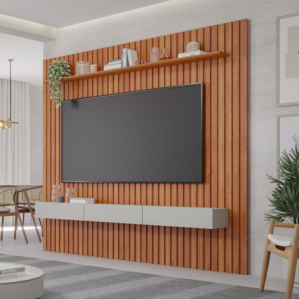 Estante e Home Theater Ripado para TV até 84 Polegadas 100% MDF 220cmx230cm Marrom Cinamomo/Off White