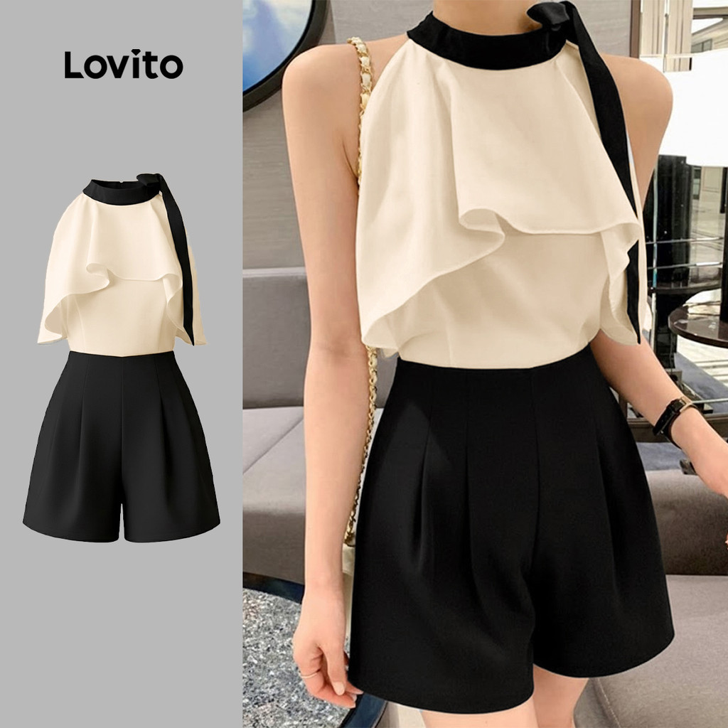 Lovito Macacão elegante falso 2 em 1 Colorblock zíper primavera/verão macacão preto e branco para mulheres LK3ED689