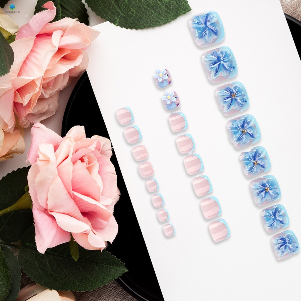 24 Pçs Rosa Azul Quadrado Imprensa Na Unha Encantador Confortável De Usar Unhas De Manicure Para Decoração DIY De