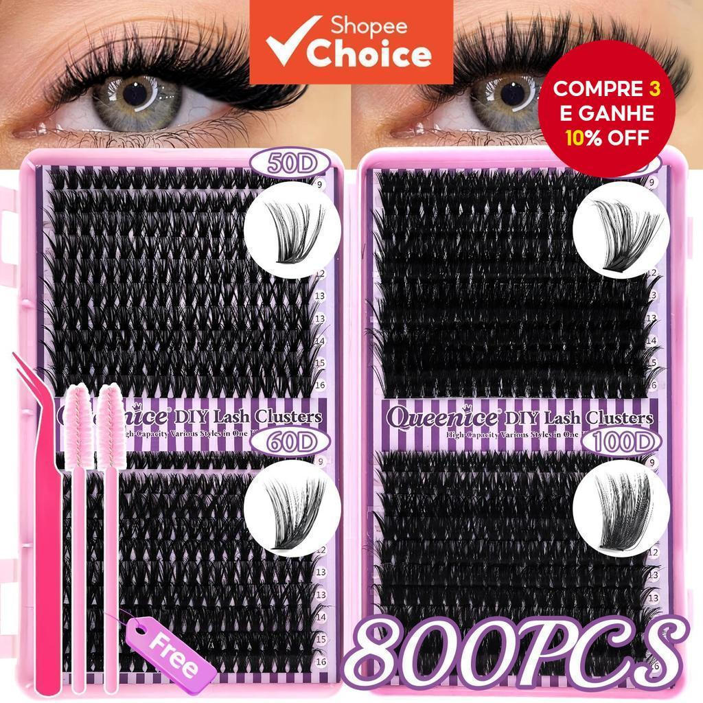 Produtos de Extensão de Cílios Queenice (640/800 peças) 30D 40D 50D 50D 60D 80D 100D, Cílios em Cluster Curvatura D, Tip