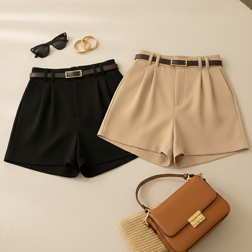 Kit 2 Shorts Alfaiataria Feminina Social Short Cintura Alta com Cinto Disfarça Barriga Blogueira Premium