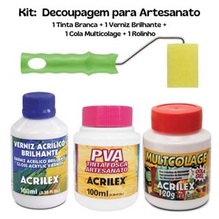 Kit para Decoupagem para Artesanato: 1 Tinta Branca 100ml + 1 Verniz Brilhan 100ml+ 1 Cola Multicolage 120ml + 1 Rolinho em Oferta na Shopee
