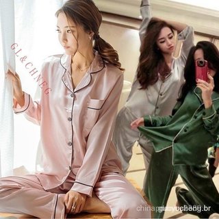 GLCHENG Pijama de cetim e seda feminino Conjunto com mangas compridas/seda Baju Tidur Pijama