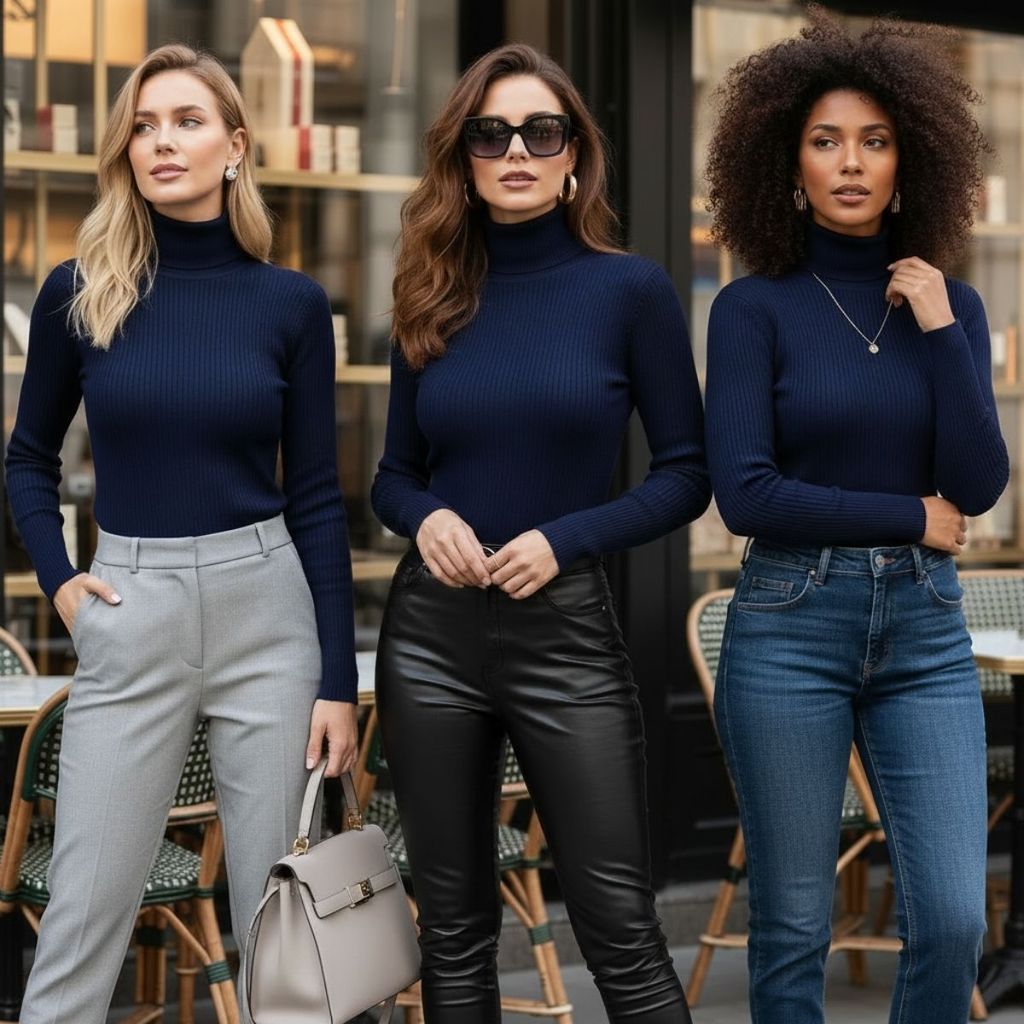 Kit 3 Blusas Cacharrel Femininas Gola Alta Manga Longa Justa Básica Elegante Confortável Moda Casual Outono Inverno