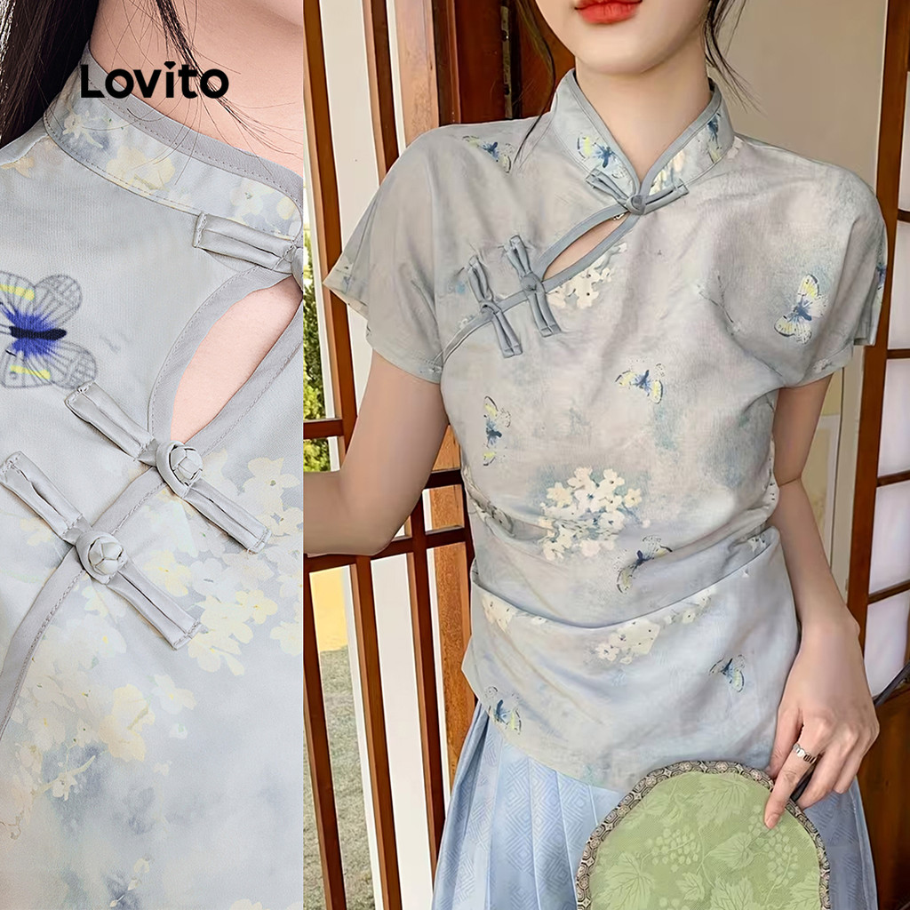 Lovito Blusa Elegante Nova Estilo Chinês Cheongsam Qipao Primavera/verão Blusa Azul para mulheres L166AD1075 em Oferta na Shopee