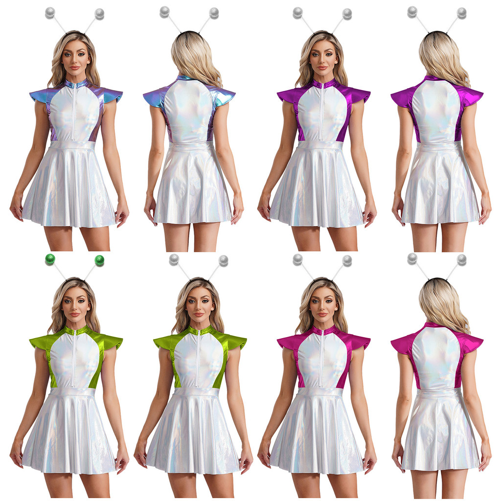 Yeahdor Feminino Halloween Alienígena Cosplay Traje Espaço Exterior Cutie Boné Manga Brilhante Vestido Festa Com Argola 