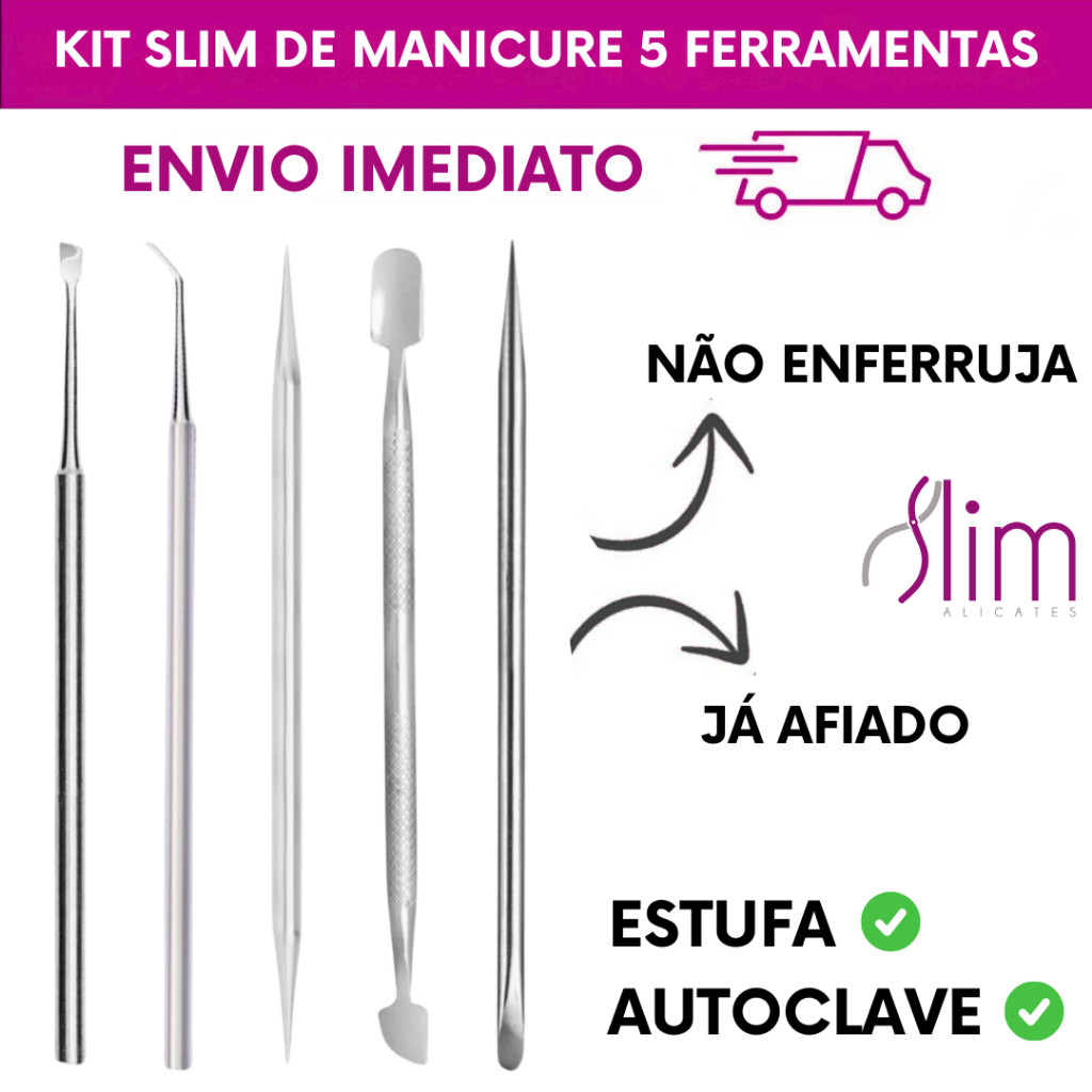Kit Slim Profissional para Unhas – 5 Peças em Aço Inoxidável Cirúrgico