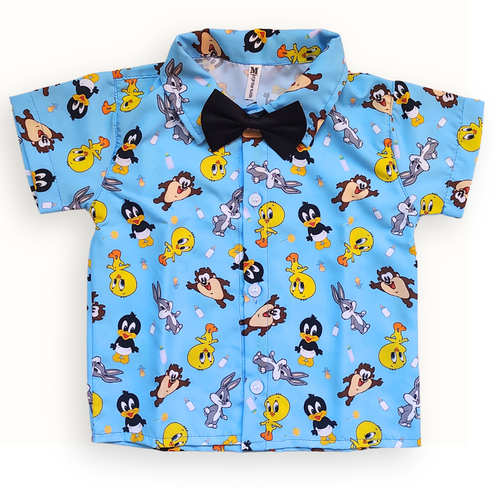 Camisa Temática Infantil Menino Baby Looney Tunes Aniversários, Festas e Ensaio Roupa Temática Luxo com Gravata