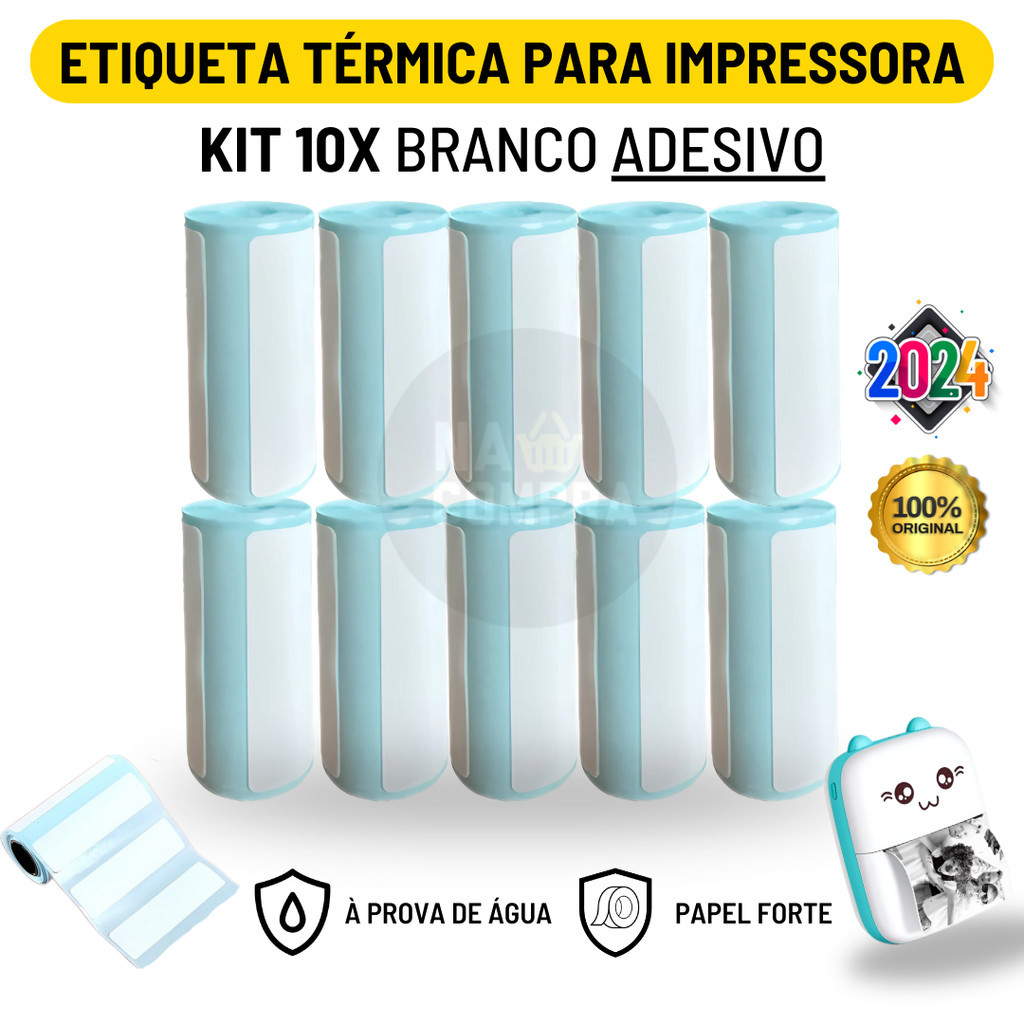 Kit 10 Rolo Bobina Branco Etiqueta Térmica Adesiva 57mm x 15mm 480 Etiquetas Mini Impressora