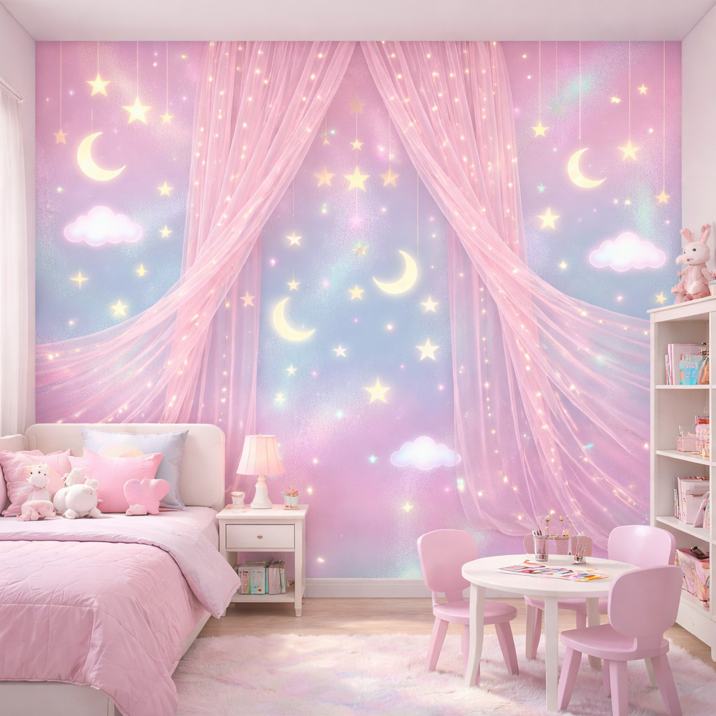 Papel de Parede  Adesivo Para Quarto de Menina Efeito Cortina Mágica Brilho Lua e Estrelas