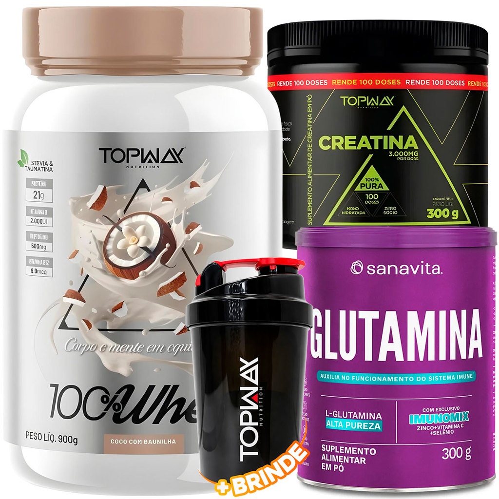 TopWay Suplemento Alimentar Whey Protein 900g + Creatina em Pó 300g + Glutamina em Pó 300g