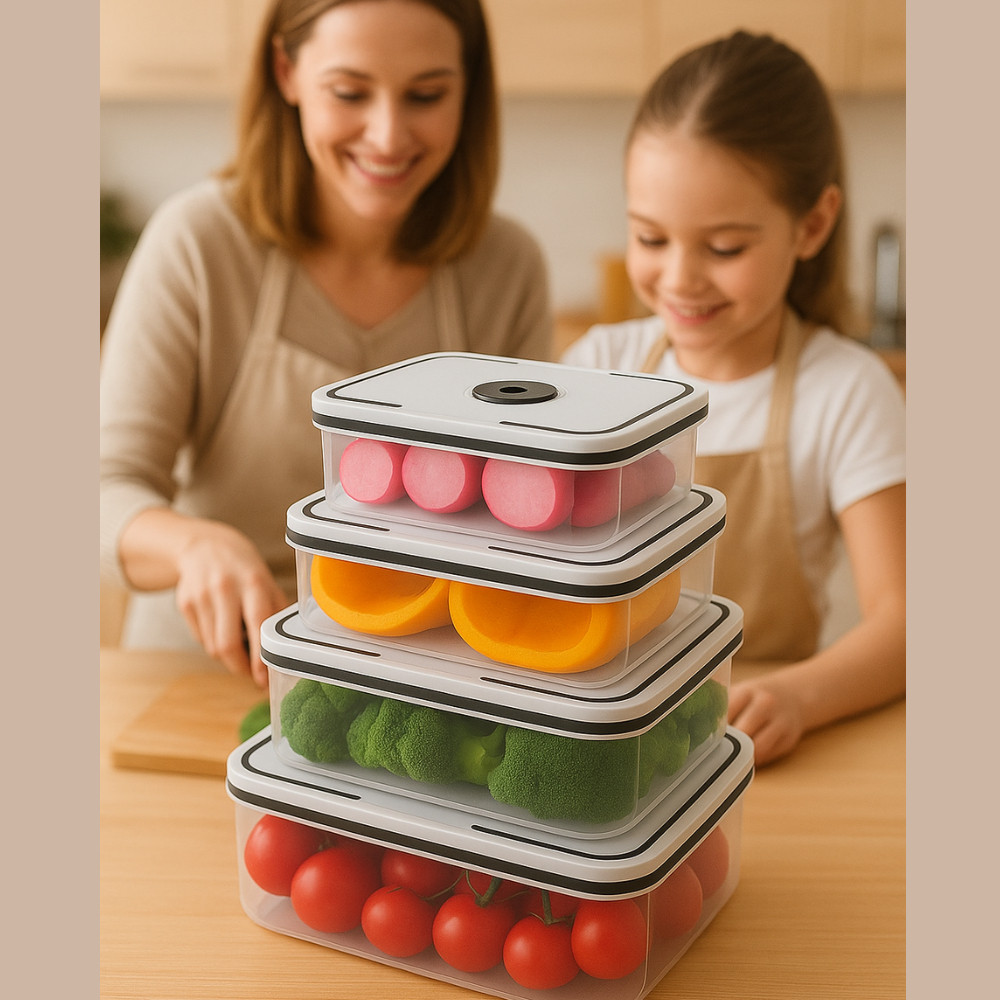 Conjunto 4 Potes Herméticos Quadrados Plástico Tampa Alimentos Frutas Despensa Geladeira Organização