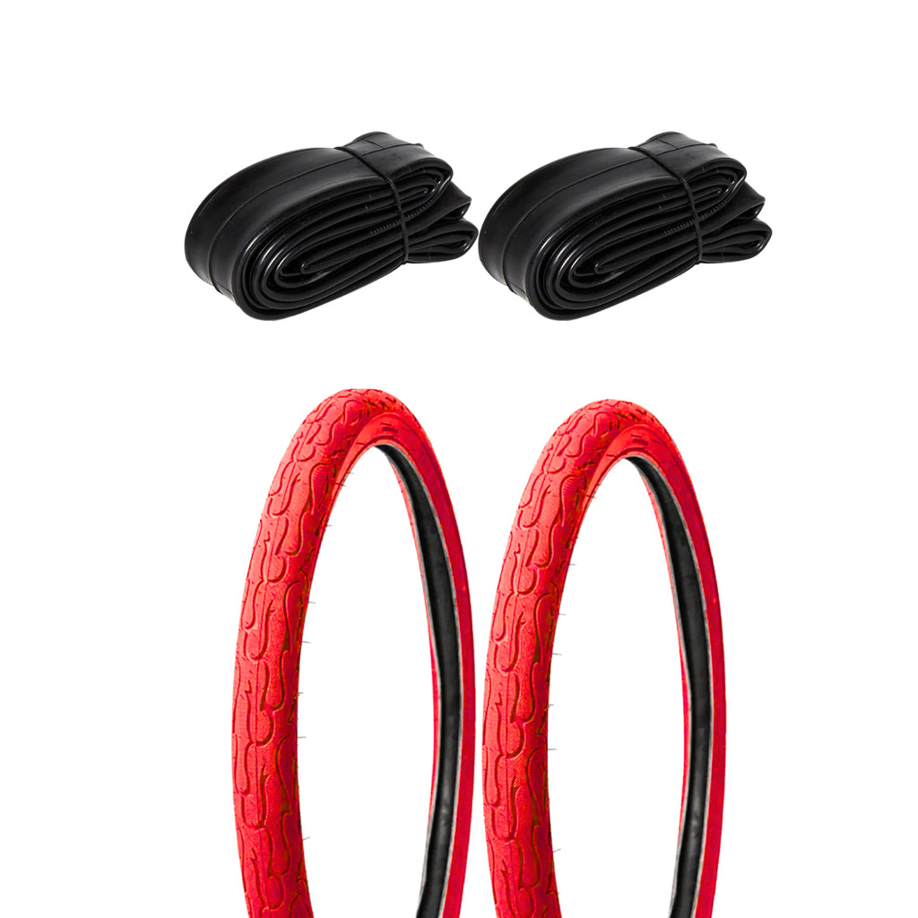 Par Pneu 26x2.125 Paco Fire Balão Slick Vermelho+ 2 Câmaras Paco