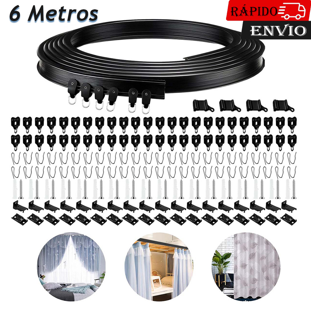 Faixa de Cortina curva Sala Quarto Blackout Trilho Flexível kit completo 6 metros Preto
