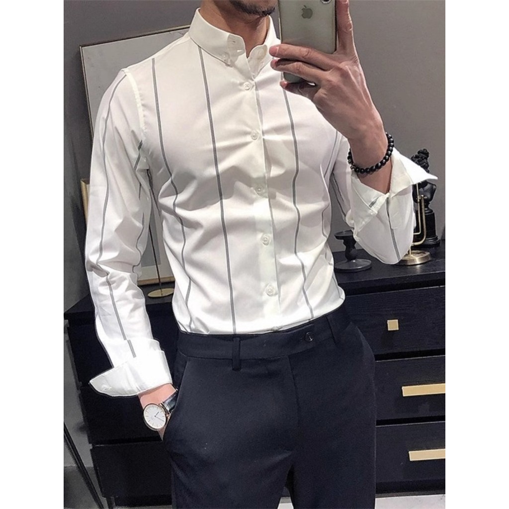 Primavera outono magro-ajuste camisa masculina High-End moda não-ferro de manga comprida listrado camisa branca Polegada