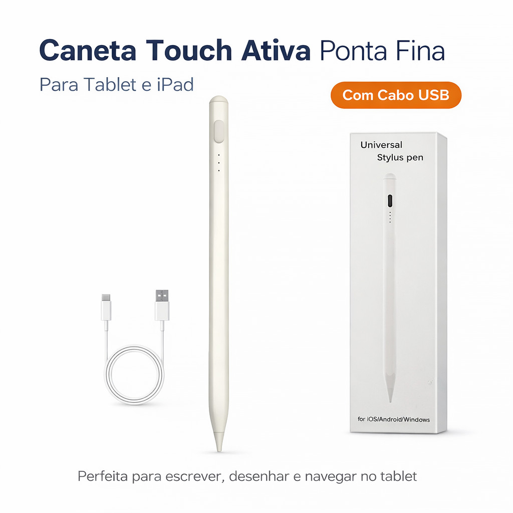 Caneta Stylus Universal Recarregável USB-C para Tablet Celular iOS Android Windows