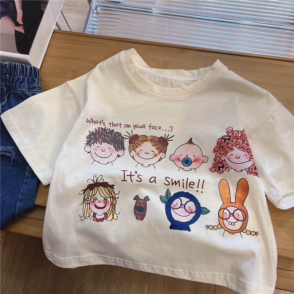 Crianças roupas de verão 2026 novo estilo dos desenhos animados diversão impresso em torno do pescoço de manga curta cam
