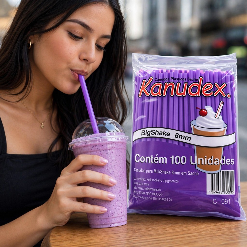 Canudo Roxo Açaí 8mm 100 Unidades Plástico Milkshake Smoothie Sorvete e Drinks