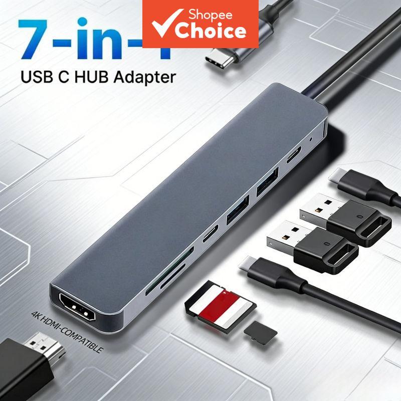 Adaptador HDMI USB-C 7 em 1 4K Hub Leitor de Cartão SD/TF Tipo-C PD para Carregamento de MacBook e Laptops de