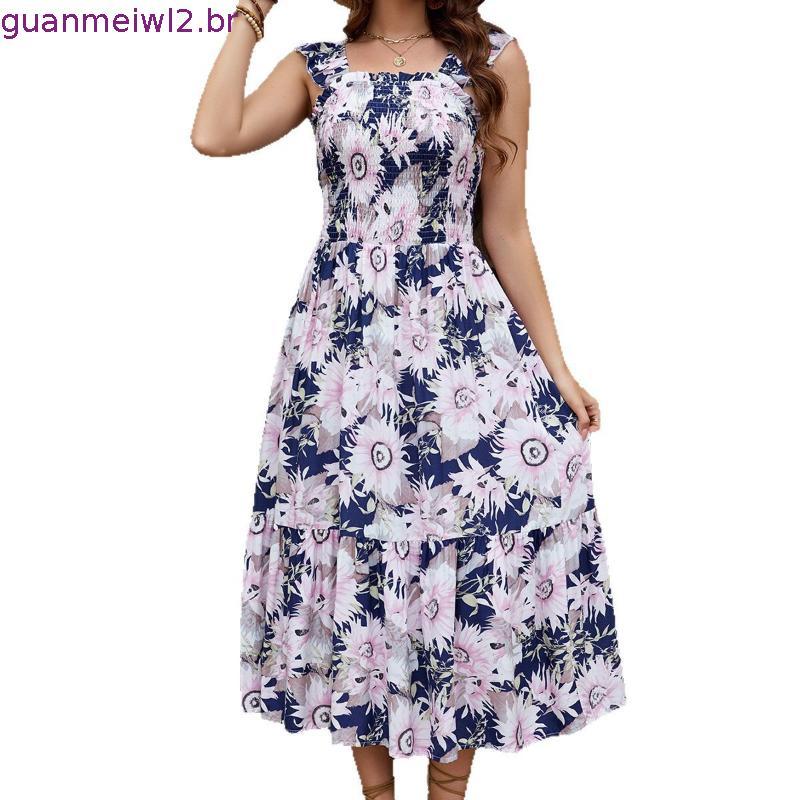 Vestido Feminino Moda Feminina Transfronteiriça 2025 Verão Vestido de Rayon Sem Mangas Boêmio Praia Férias Vestido de Al