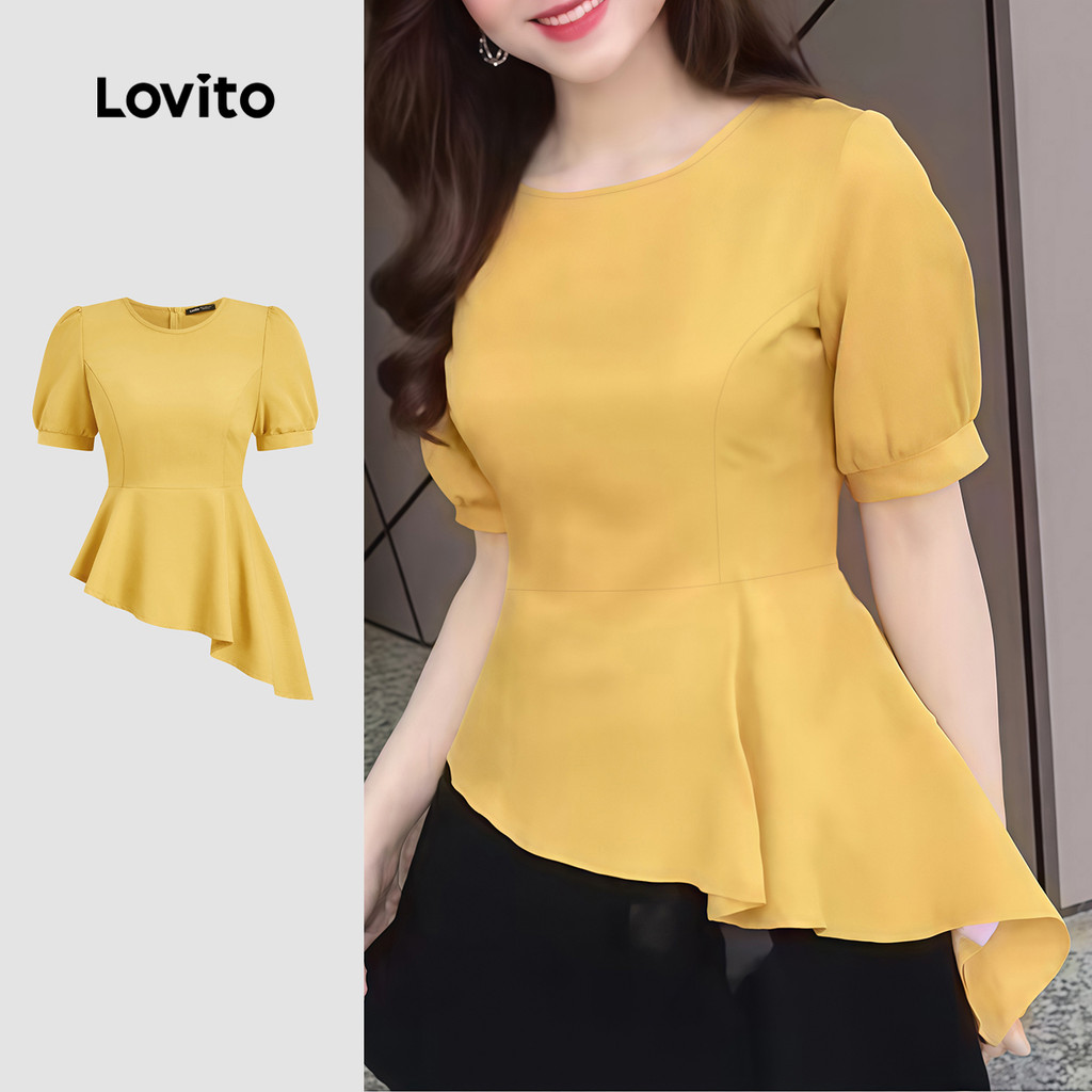 Lovito Blusa Casual Plissada Assimétrica Primavera/verão Amarela Feminina L183ED064 em Oferta na Shopee