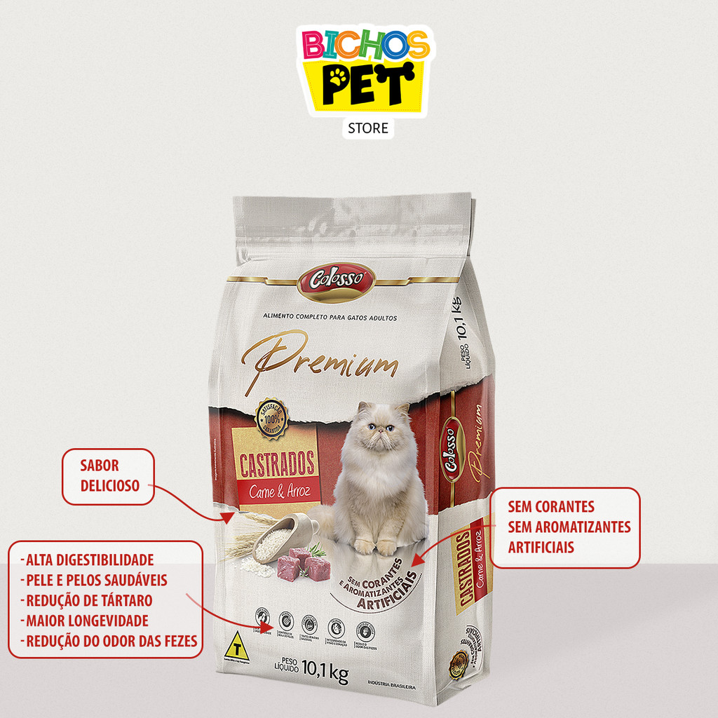 Ração Gato Castrado 10,1kg Racao Colosso Premium Carne Arroz